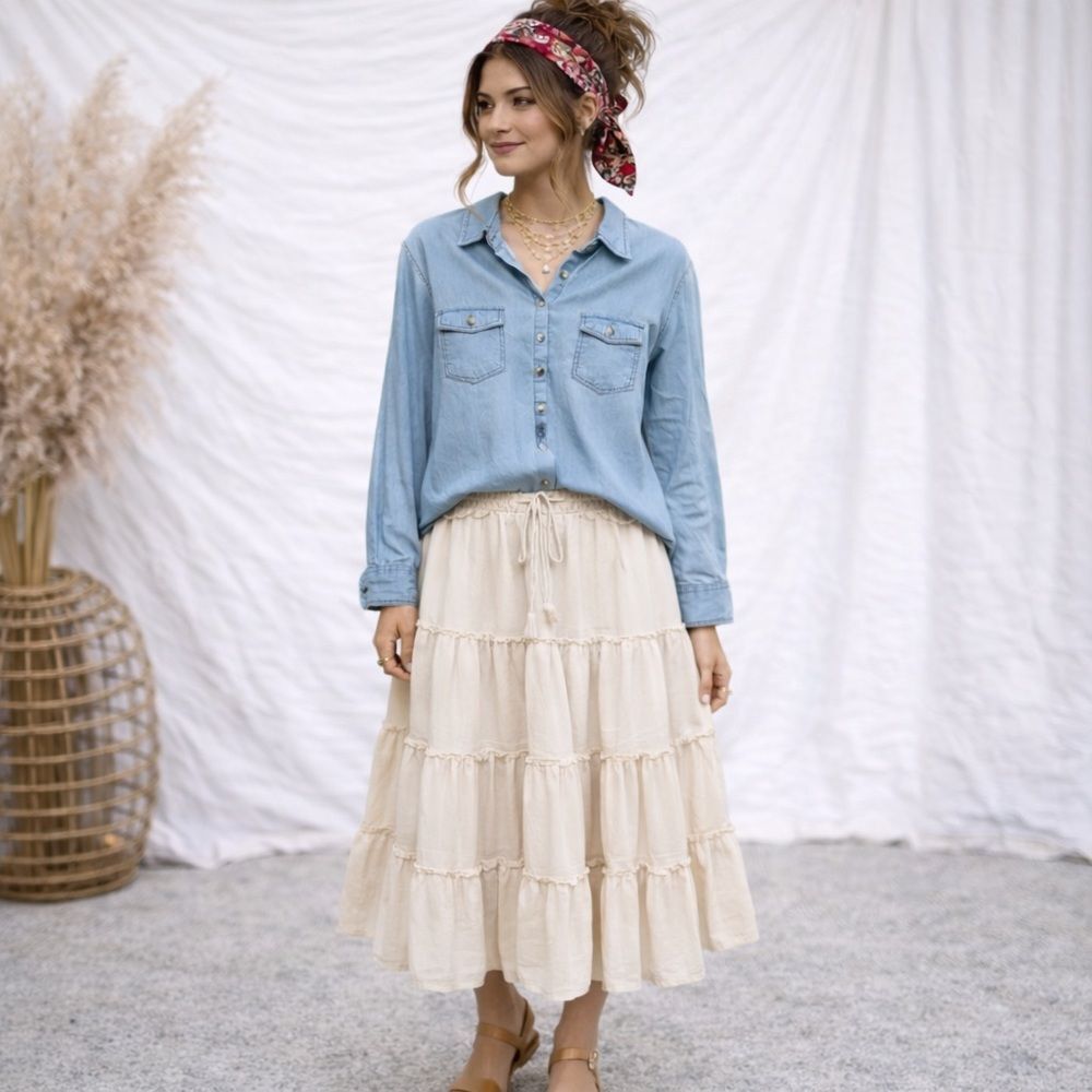 Love Potion Women's Button Front Roll Up‎ Long Sleeve Chambray Shirt SZ XL